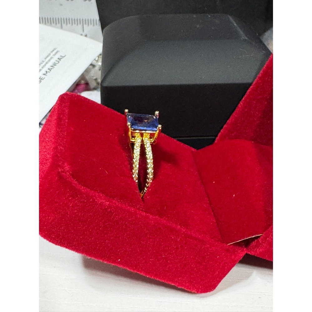 Gold Tone Emerald Cut Blue Sapphire CZ Split Shank Pavé‎ Statement Ring Size 8